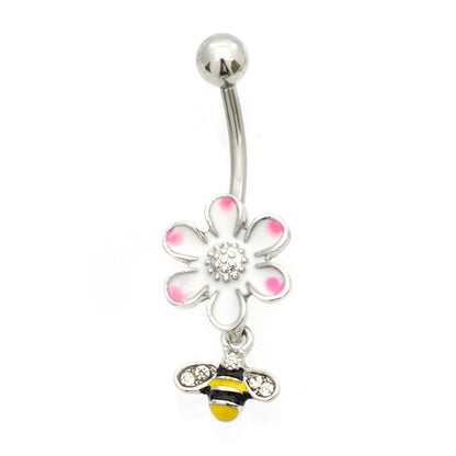 Surgical Steel 14 Gauge Belly Ring with Dangle Bee Flower