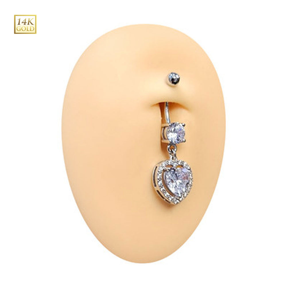 14K Solid Gold 14 Gauge Belly Ring with Dangle Solitaire Heart CZ - photo 3