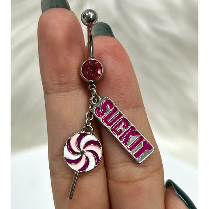 Surgical Steel 14 Gauge Belly Ring with Lollipop SUCKIT Dangle CZ - photo 4
