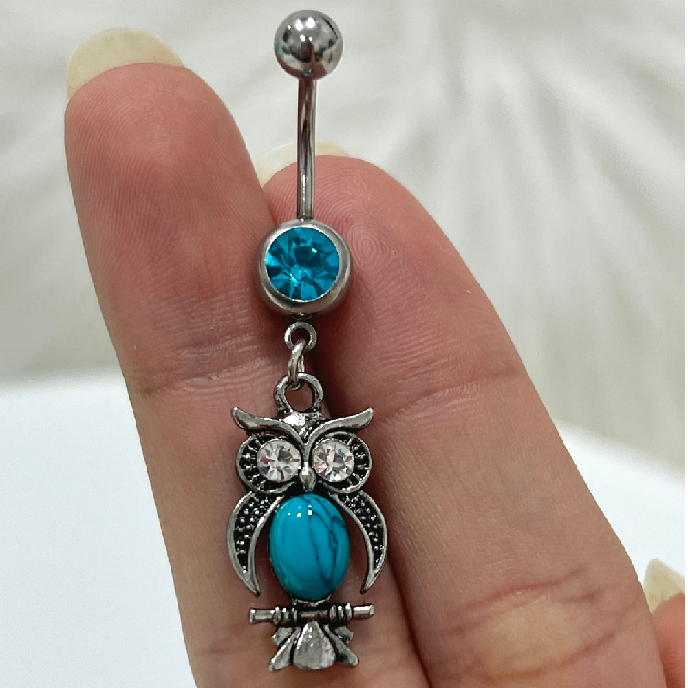 Surgical Steel 14 Gauge Belly Ring with Dangle Owl Turquoise Stone - photo 3