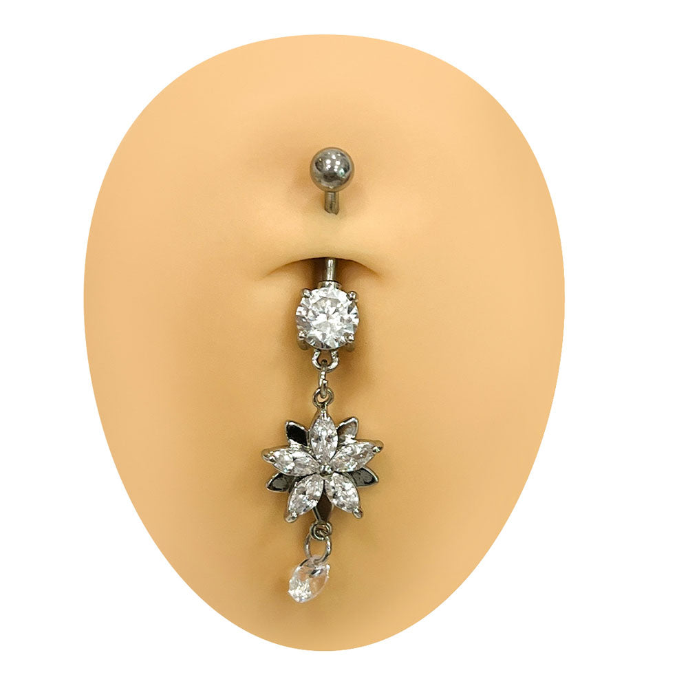 Surgical Steel 14 Gauge Crystal CZ Dangling Flower Belly Ring