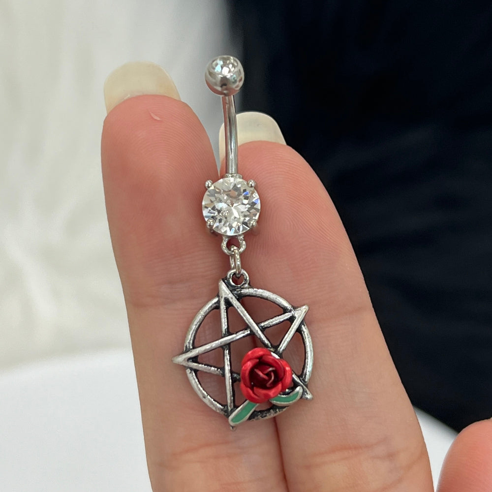 Surgical Steel 14 Gauge Belly Ring with Dangle Red Rose Pentacle CZ - photo 2