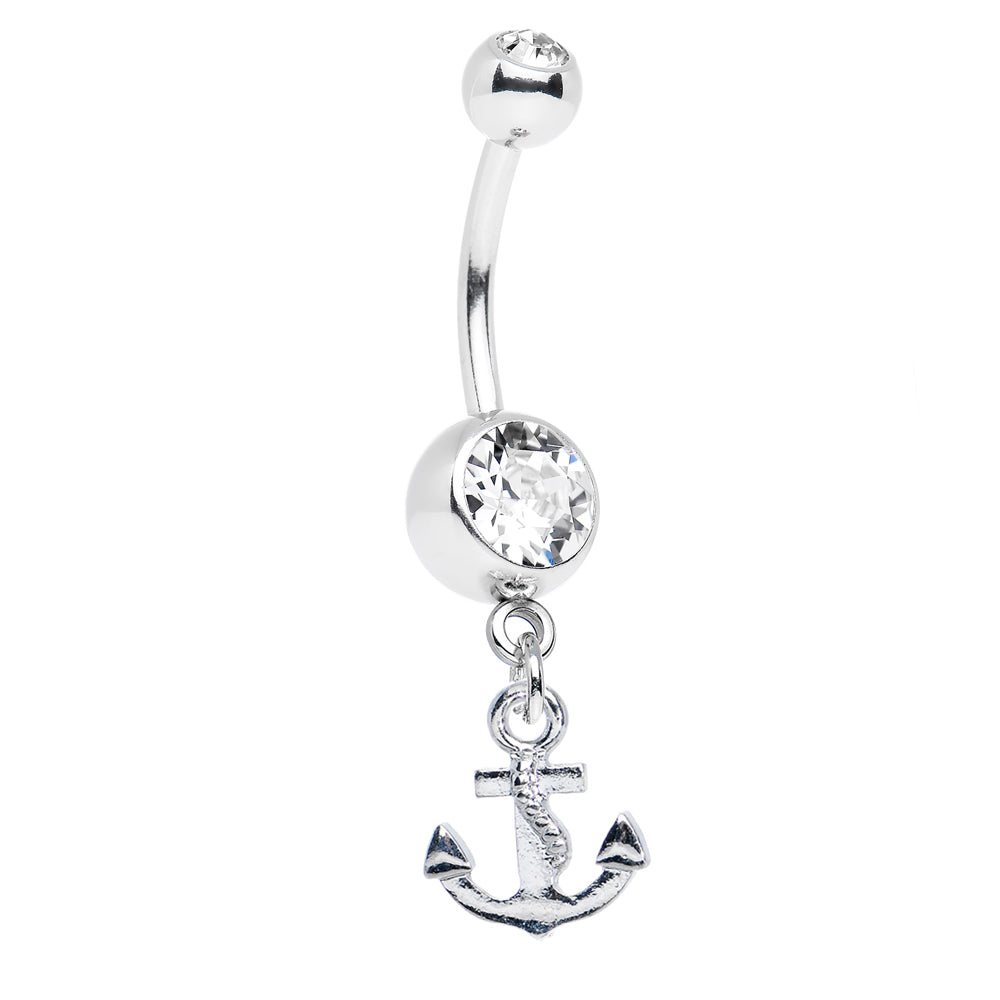 Surgical Steel 14 Gauge Belly Ring with Dangling Anchor and CZ