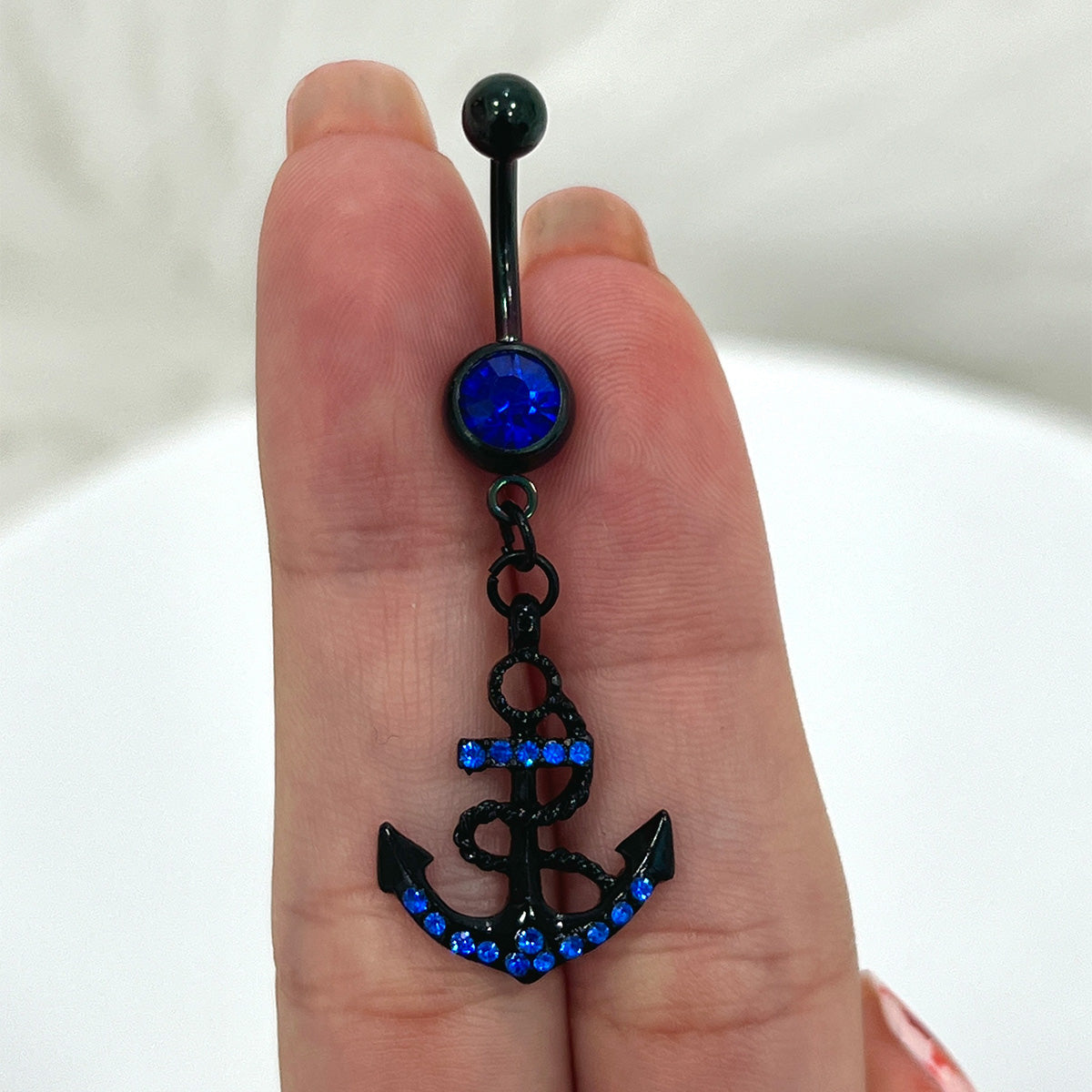 Surgical Steel 14 Gauge Belly Ring PVD Black with CZ Dangle Anchor - photo 5