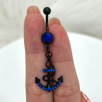 Surgical Steel 14 Gauge Belly Ring PVD Black with CZ Dangle Anchor - photo 5