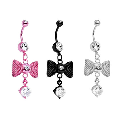 Surgical Steel 14 Gauge Belly Ring with CZ Dangle Bow