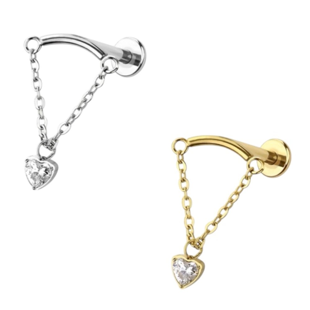 Surgical Steel Curved Labret Stud 18G 6mm & 8mm Heart Chain Dangle
