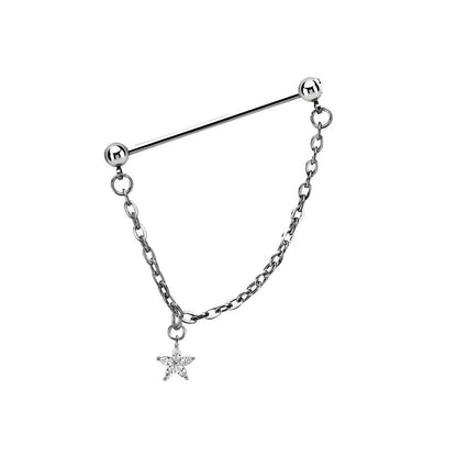 Surgical Steel 14 Gauge Industrial Barbell with CZ Star Chain Dangle - photo 2
