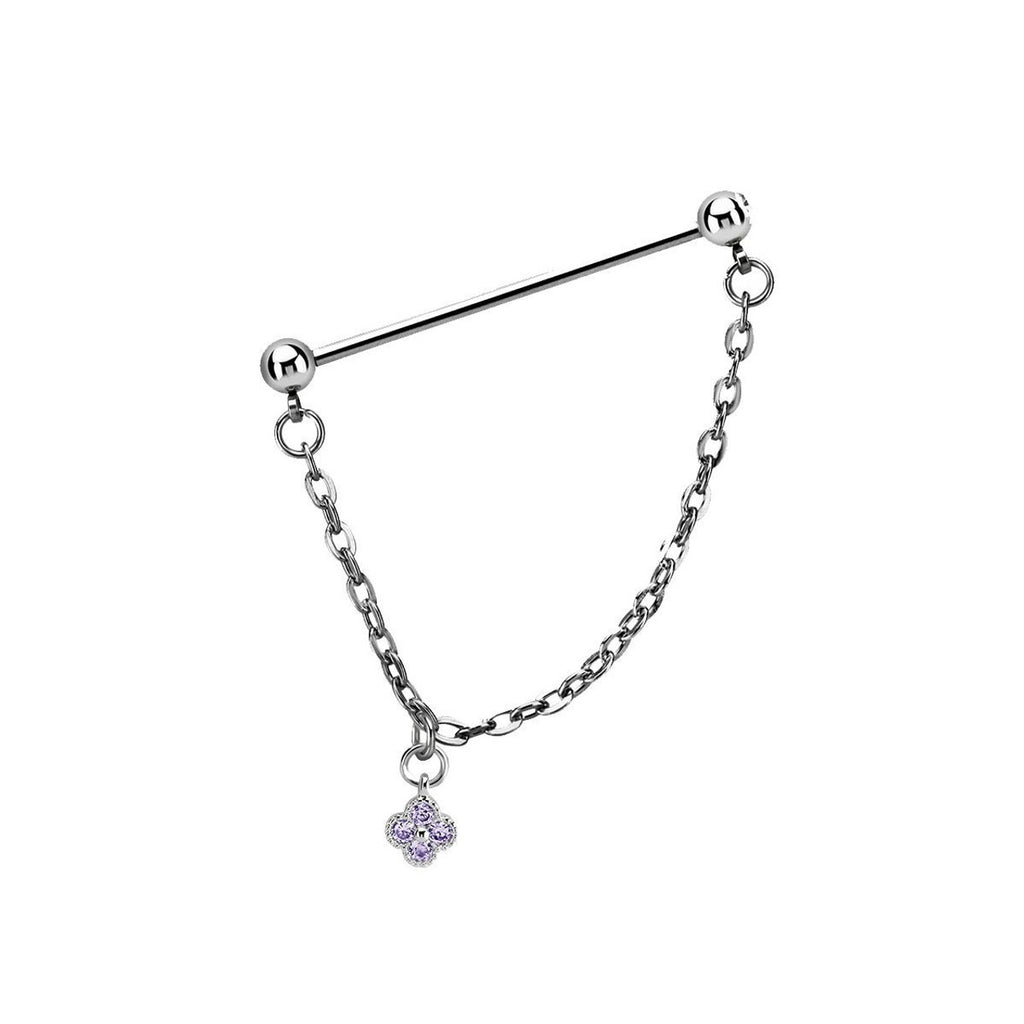 Surgical Steel 14 Gauge Industrial Barbell CZ Flower Chain Dangle - photo 2