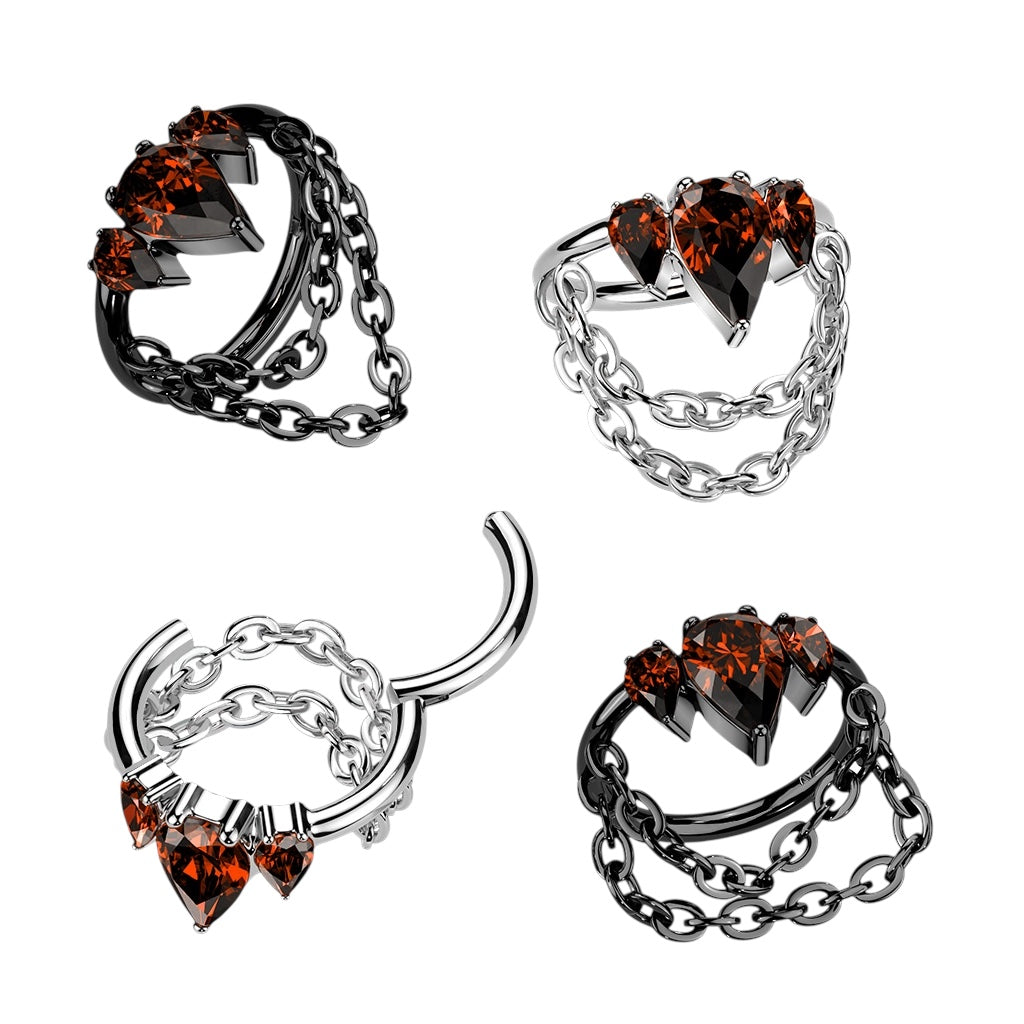 Titanium 16 to 18 Gauge Dangle Chain Pear CZ Crown Segment Ring