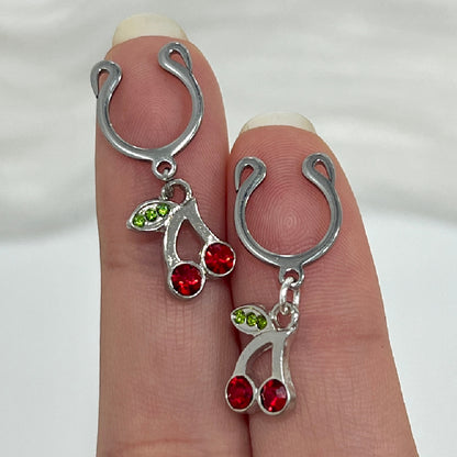 Surgical Steel Clip On Nipple Rings with Dangle Cherries - Pair - photo 3
