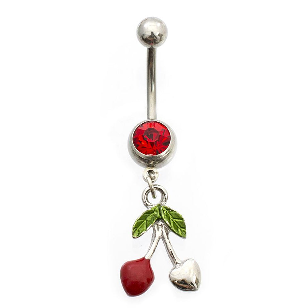 Surgical Steel 14 Gauge Belly Ring with CZ Dangle Cherry Heart