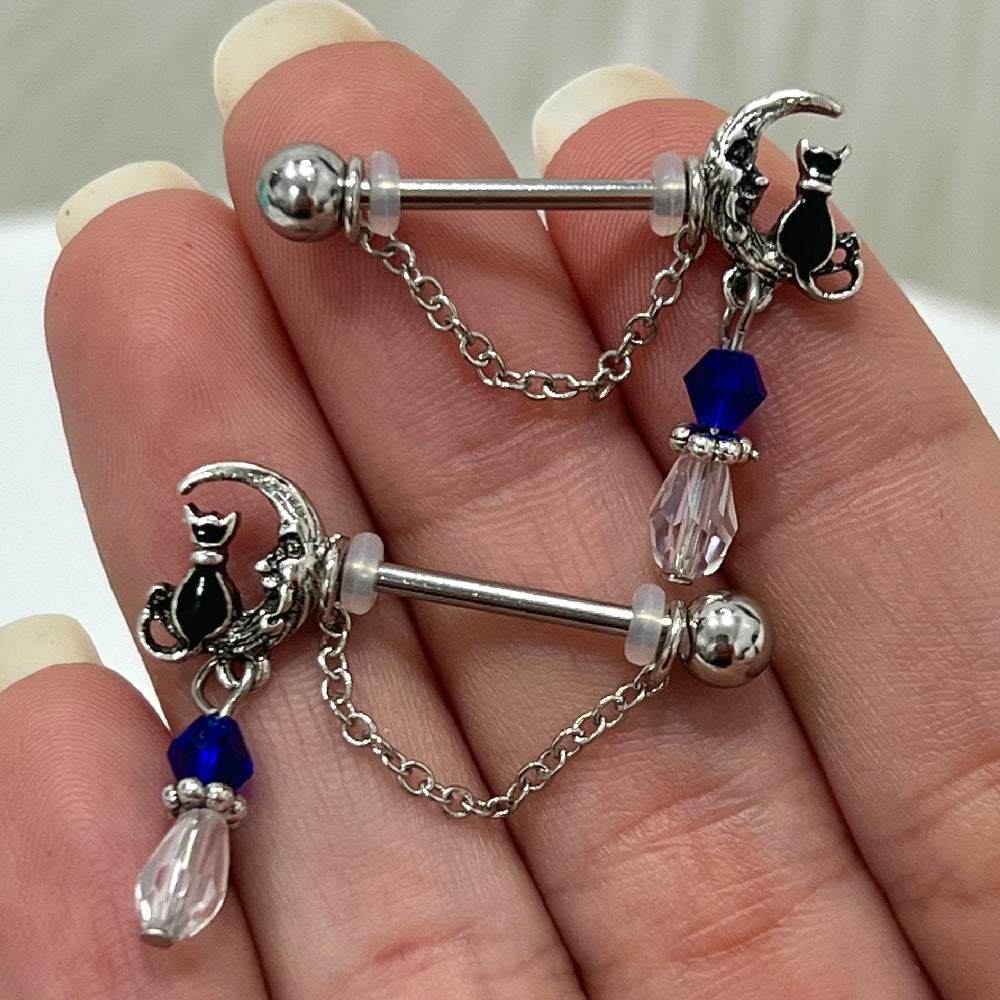 Surgical Steel 14 Gauge Nipple Barbell with Cat Moon Dangle - Pair - photo 3