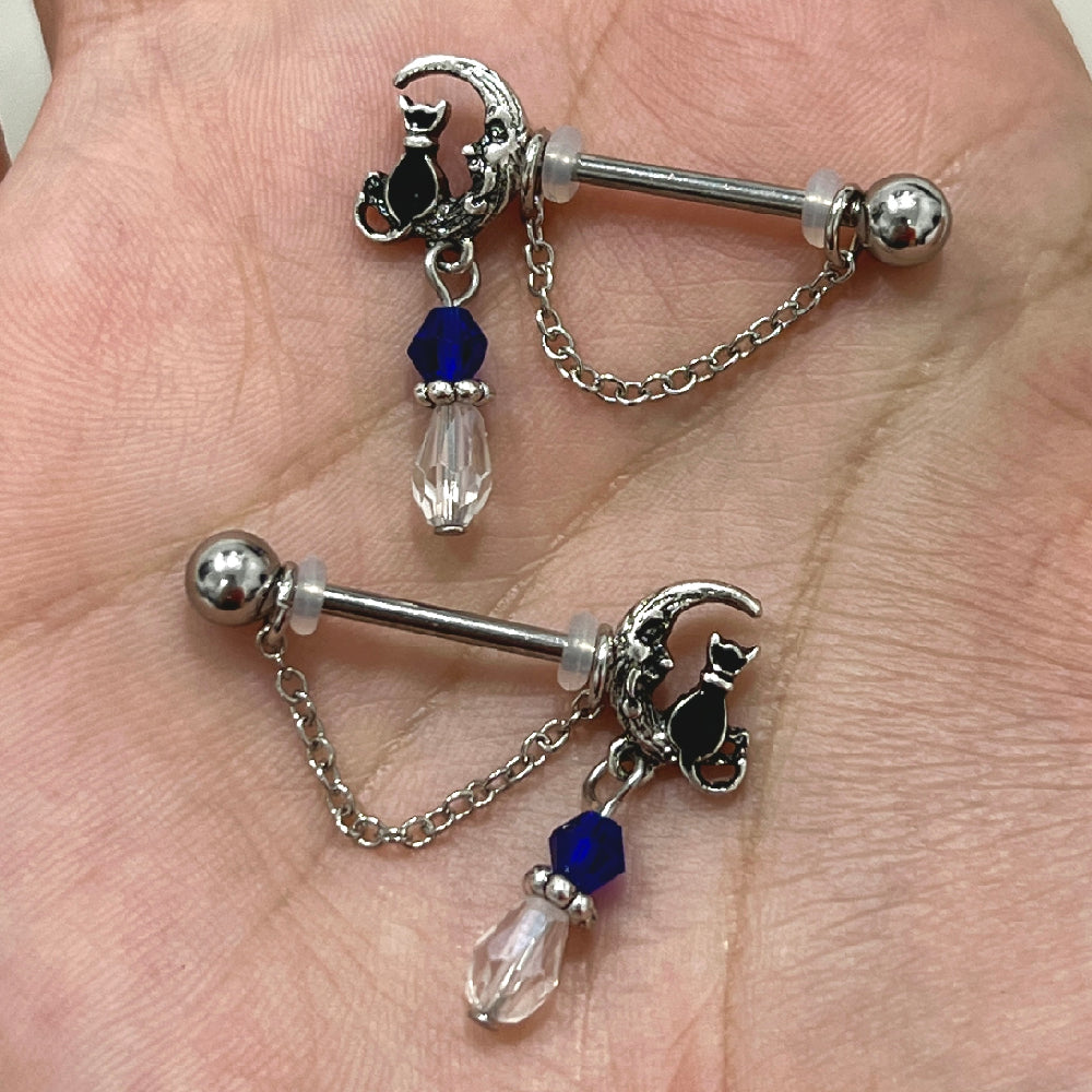Surgical Steel 14 Gauge Nipple Barbell with Cat Moon Dangle - Pair - photo 4