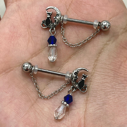 Surgical Steel 14 Gauge Nipple Barbell with Cat Moon Dangle - Pair - photo 4