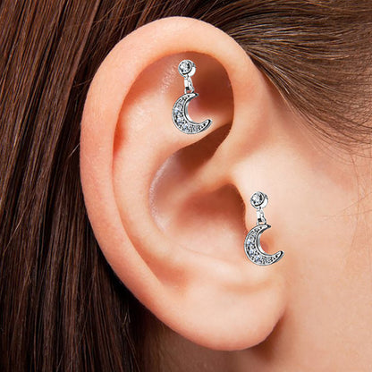 Surgical Steel 16 Gauge Tragus Barbell with CZ Crescent Moon Dangle - photo 2