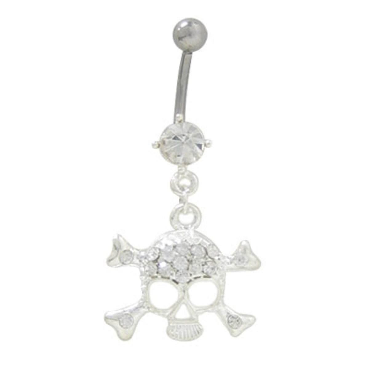 Surgical Steel 14 Gauge Belly Ring with Dangle Cross Bone Skull CZ