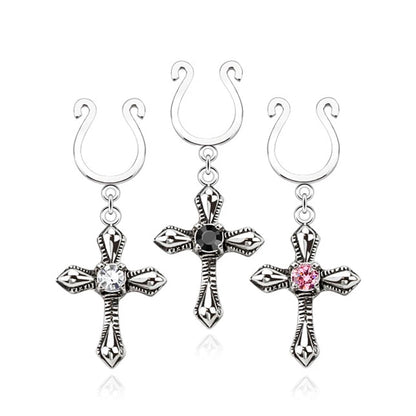 Surgical Steel Dangle Cross CZ Clip On Nipple Rings - Pair