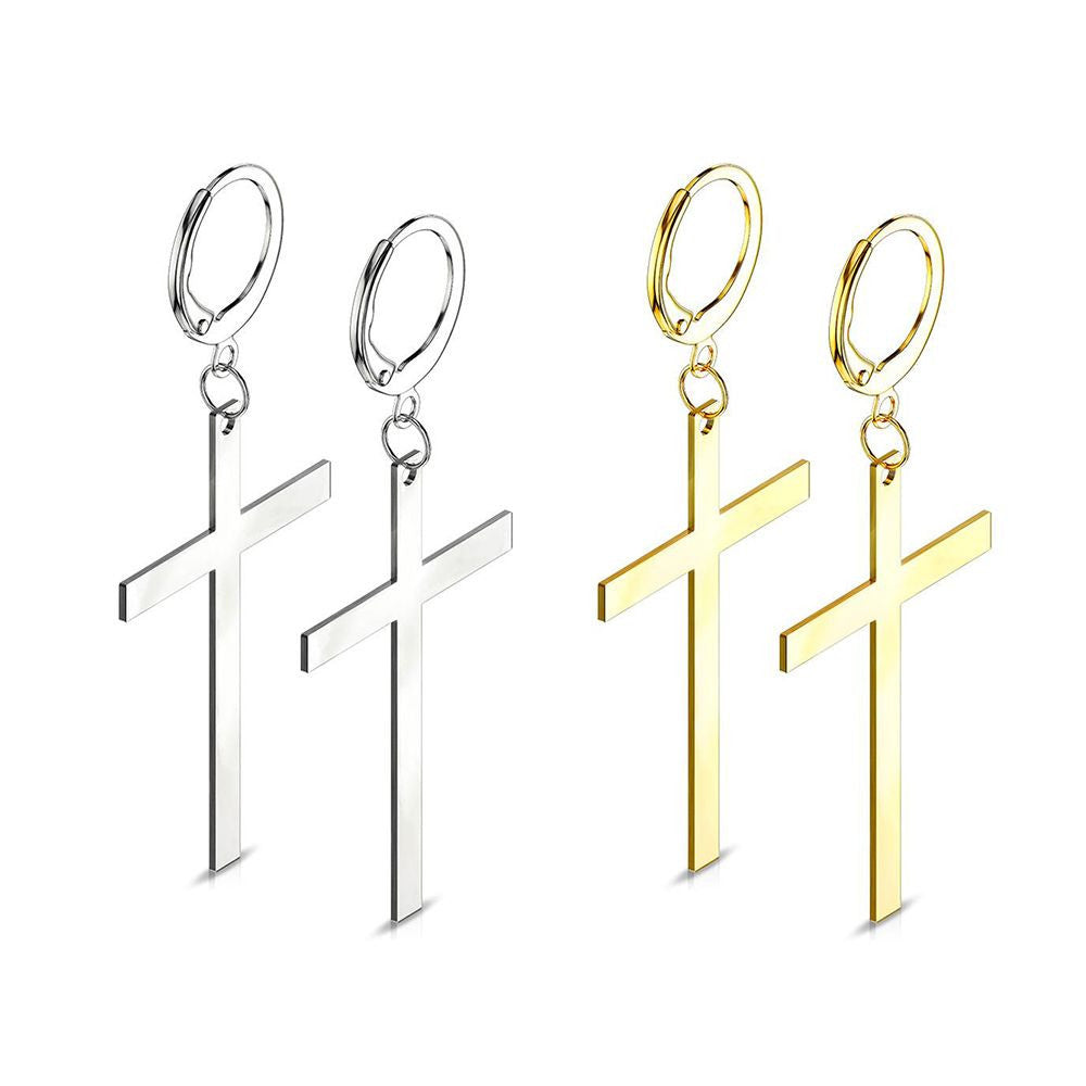 Surgical Steel 20 Gauge Hinged Hoop Ring with Dangle Cross - Pair