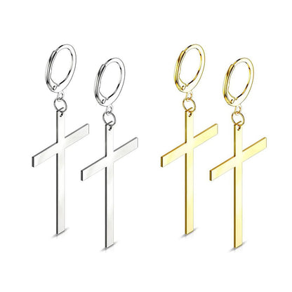 Surgical Steel 20 Gauge Hinged Hoop Ring with Dangle Cross - Pair