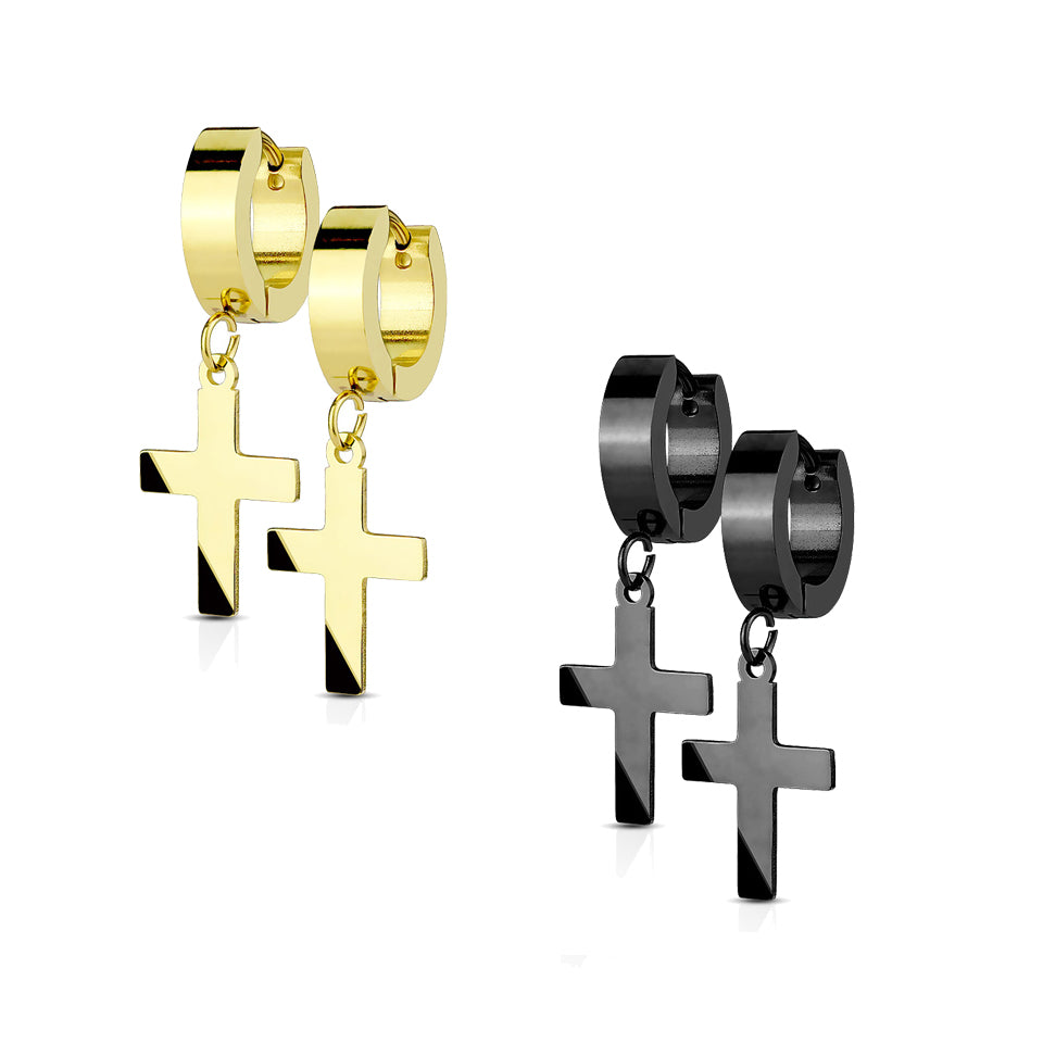 Surgical Steel 20 Gauge Gold Dangle Cross Hinged Hoop Earrings - Pair