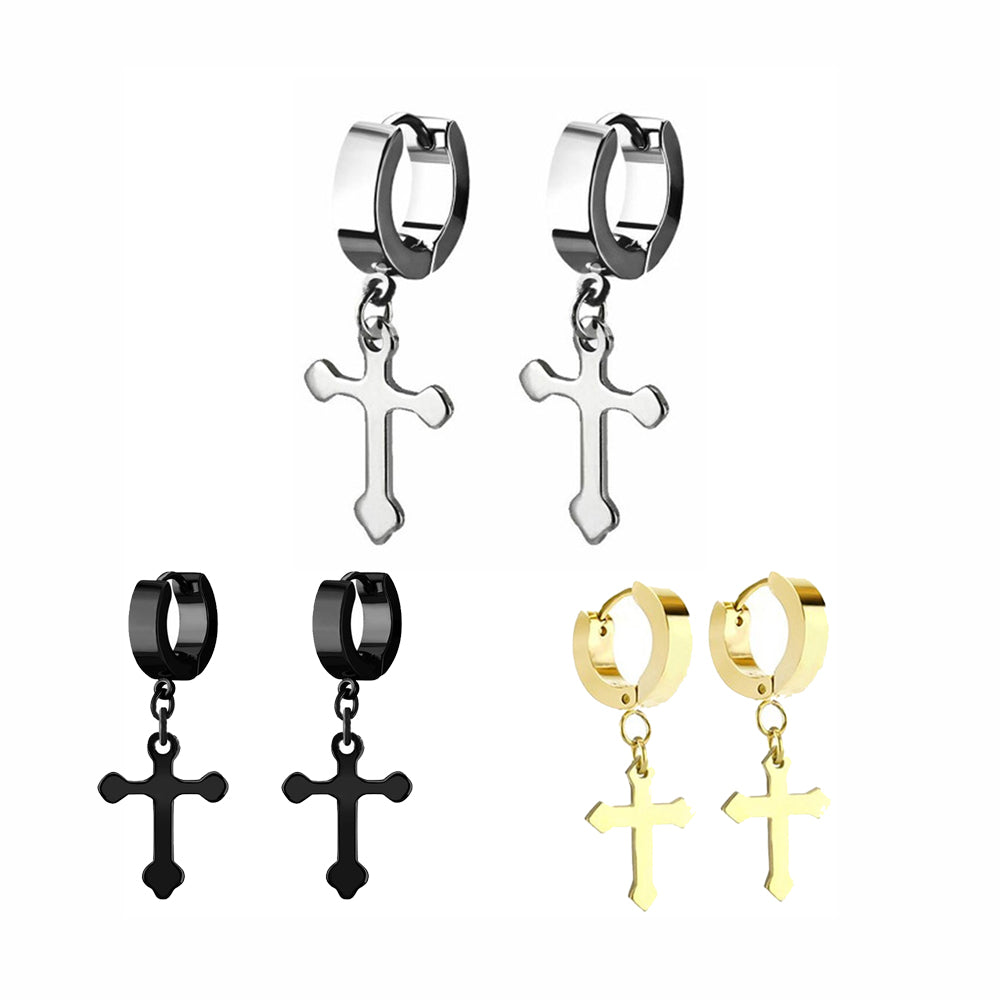 Surgical Steel Dangle Cross Huggie Earrings - Pair