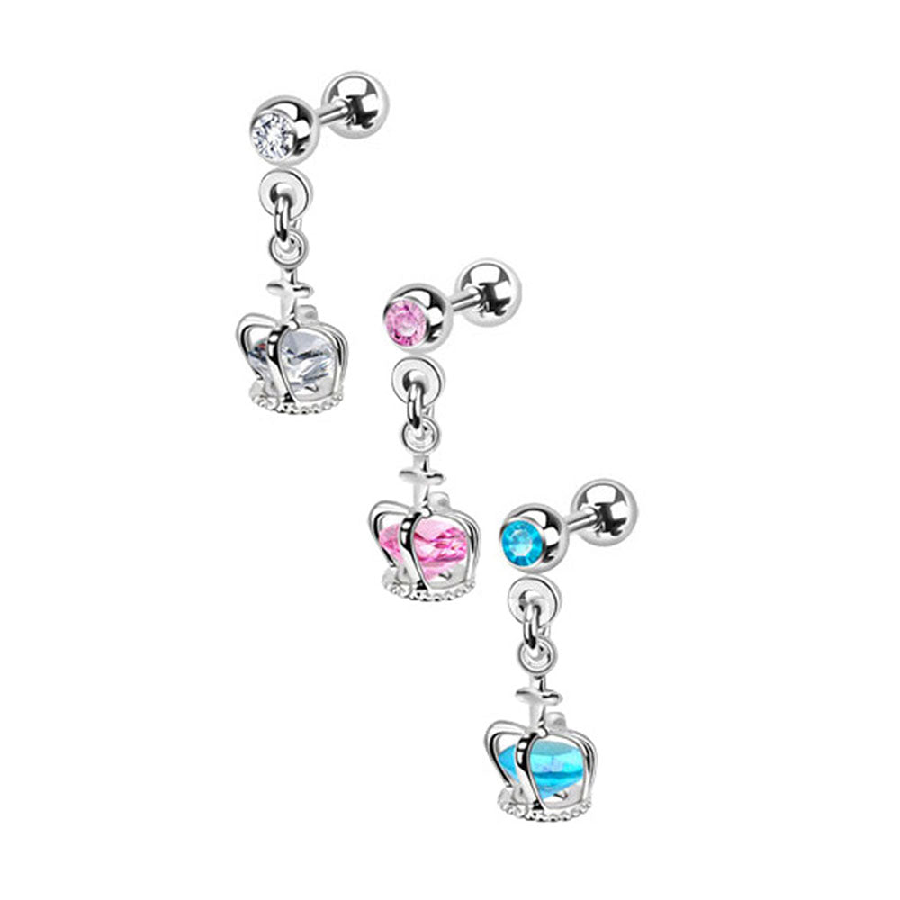 Surgical Steel 16 Gauge Cartilage Stud with Dangle Crown CZ
