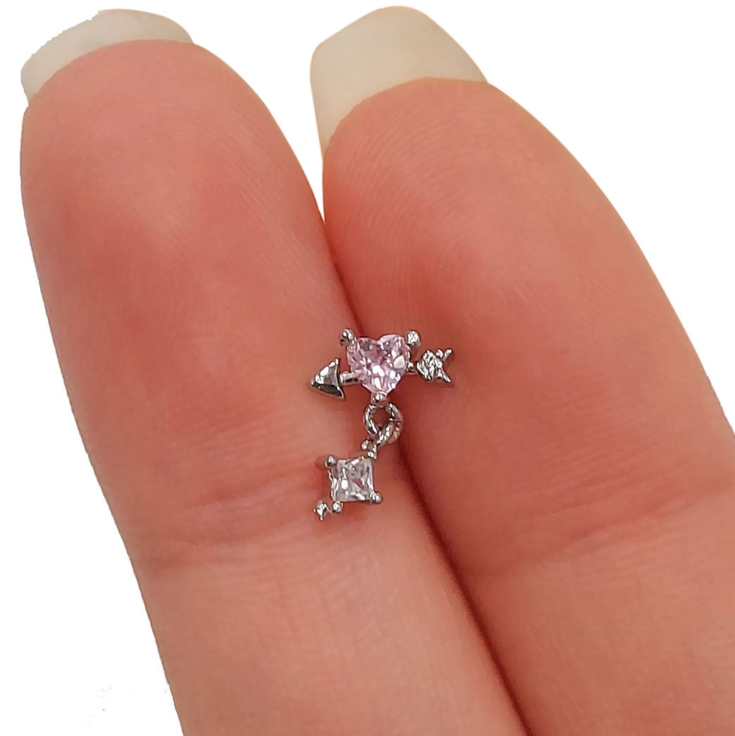 Surgical Steel L-Shaped Nose Stud 20G 6mm with Heart & Arrow CZ Dangle - photo 2