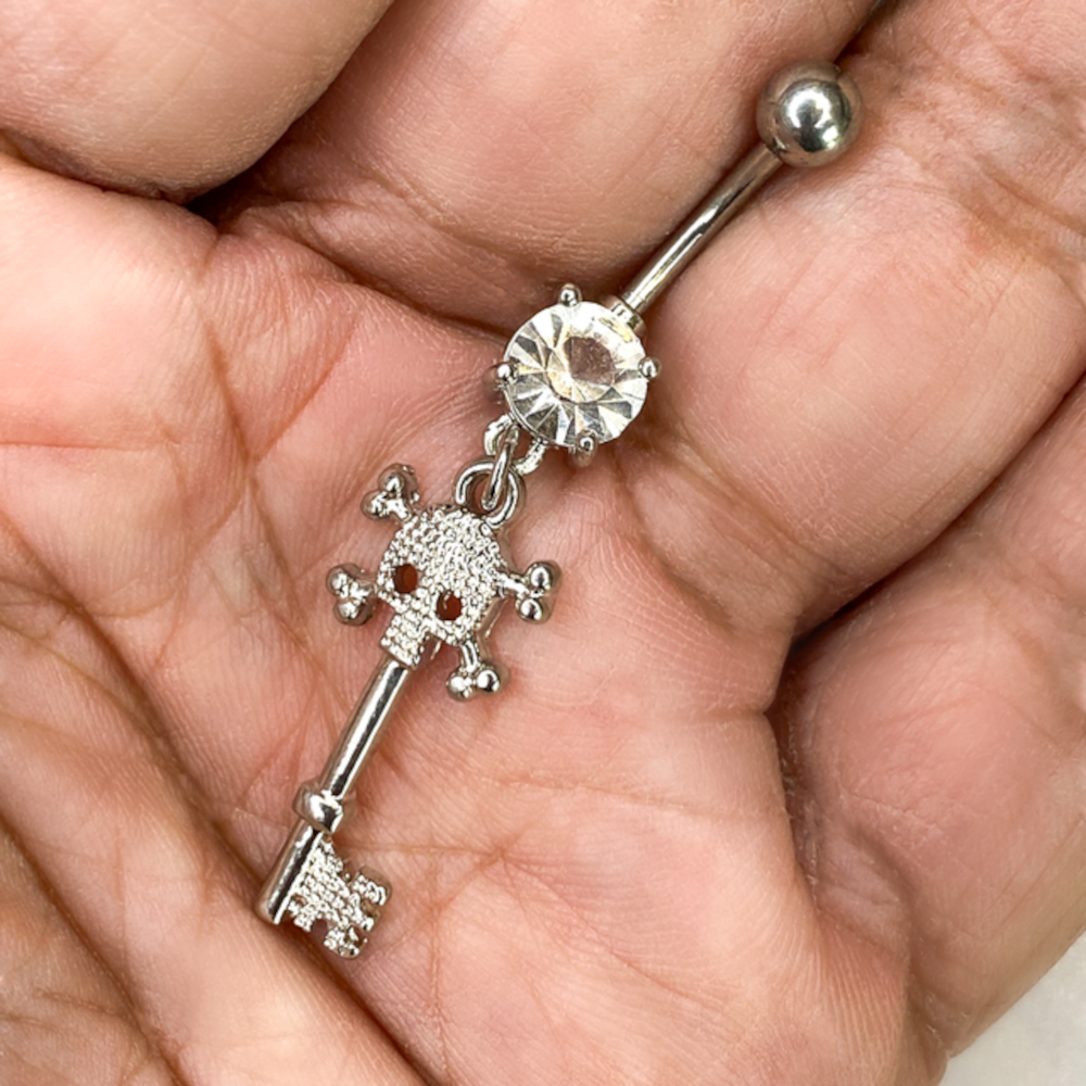 Surgical Steel 14 Gauge Belly Ring with Dangle CZ Skull Key - photo 3
