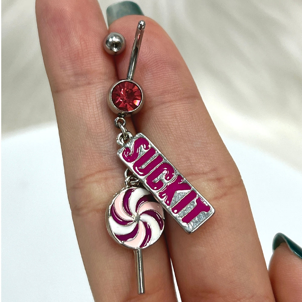 Surgical Steel 14 Gauge Belly Ring with Lollipop SUCKIT Dangle CZ - photo 5
