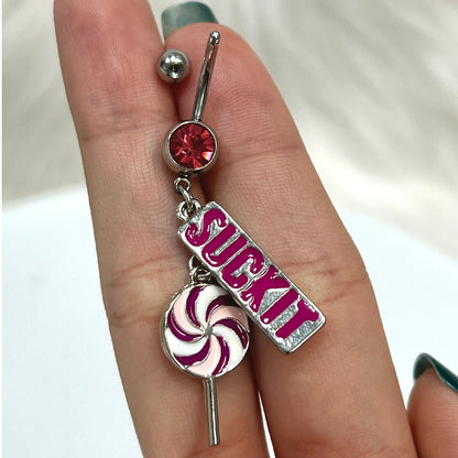 Surgical Steel 14 Gauge Belly Ring with Lollipop SUCKIT Dangle CZ - photo 5