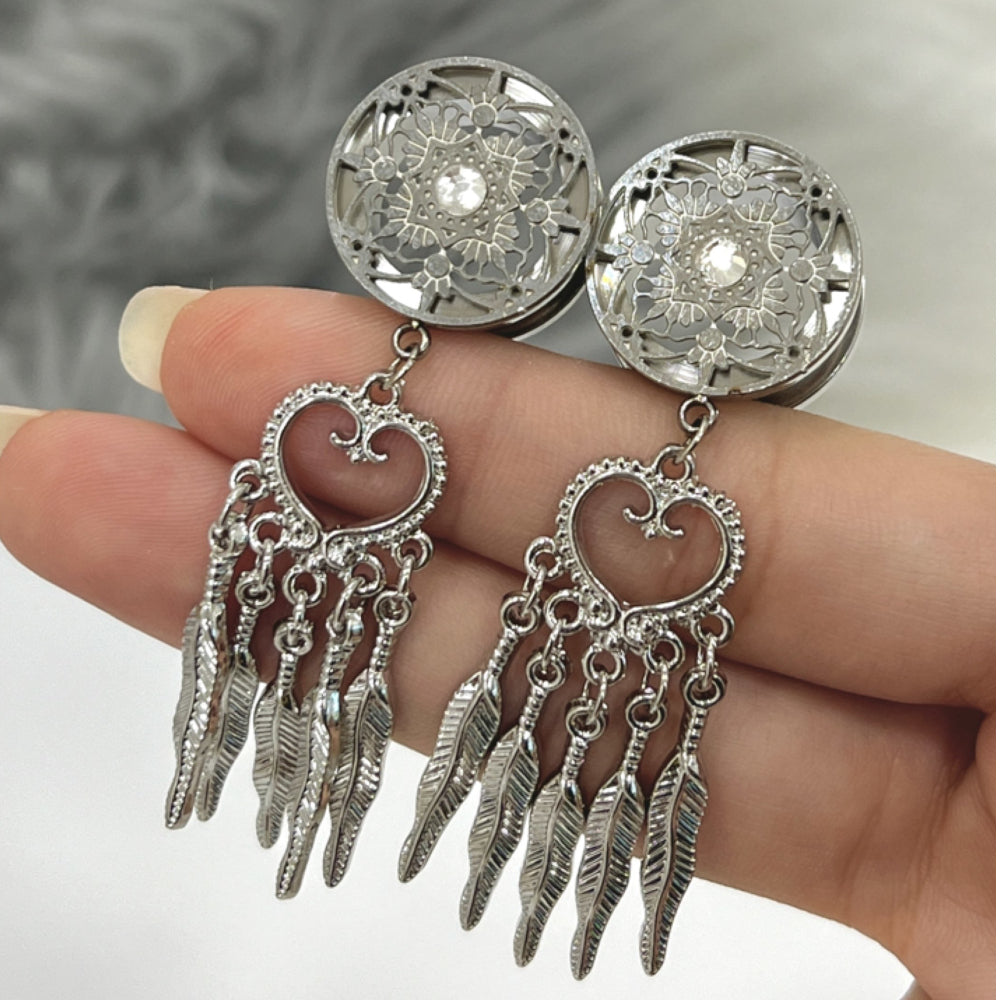 Surgical Steel Screw Fit Plugs with Dangle CZ Dream Catcher - Pair - photo 3