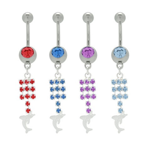 Surgical Steel 14 Gauge Belly Ring with CZ Dangle Dolphin