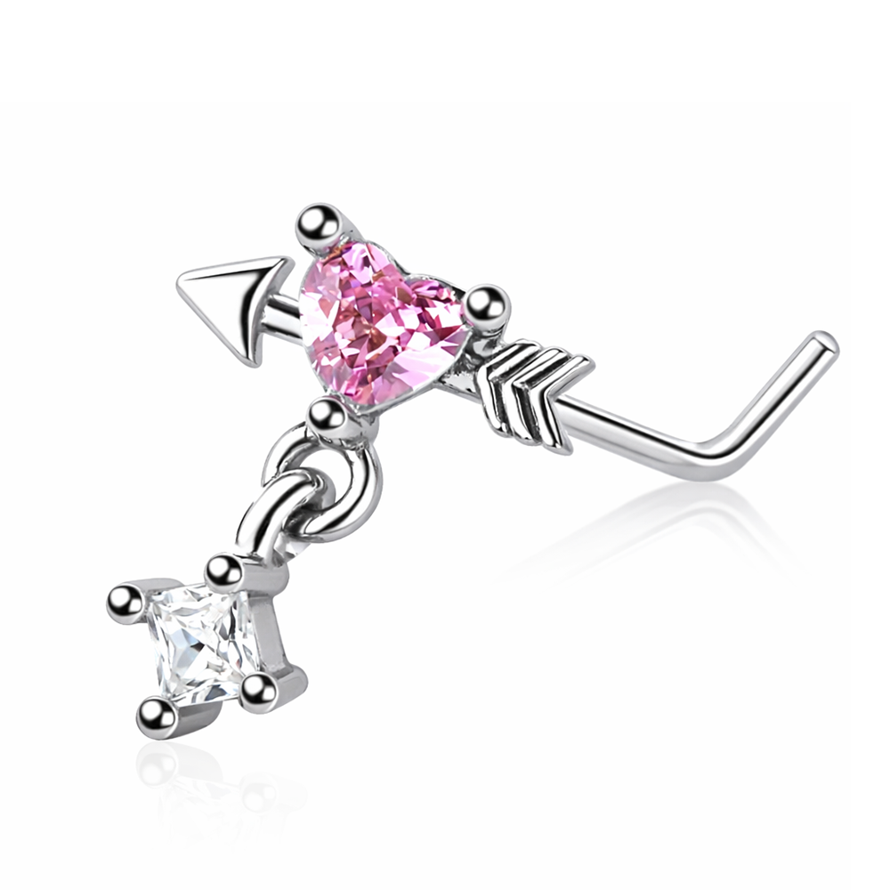 Surgical Steel L-Shaped Nose Stud 20G 6mm with Heart & Arrow CZ Dangle