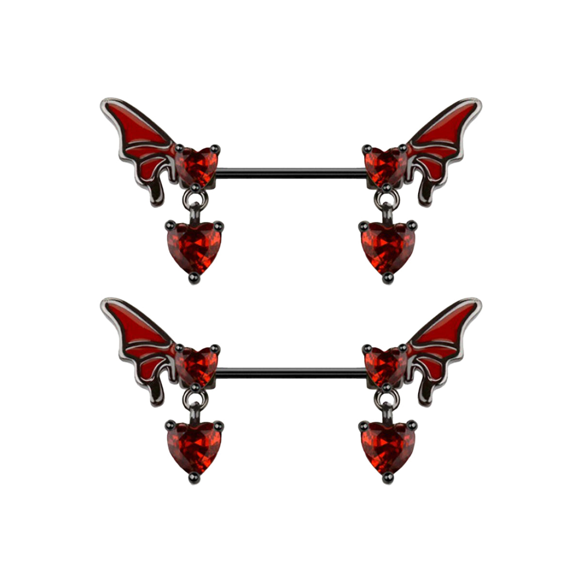 Surgical Steel Nipple Barbell 14G 14mm with Red CZ Heart Wings - Pair