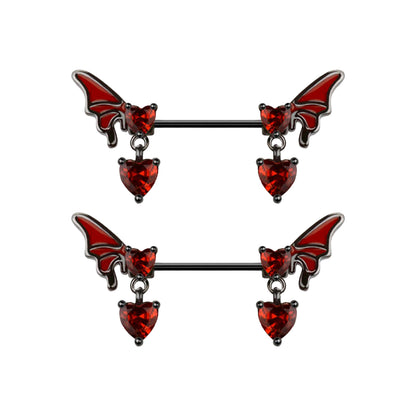 Surgical Steel Nipple Barbell 14G 14mm with Red CZ Heart Wings - Pair