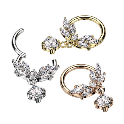 Surgical Steel 16 Gauge Hinged CZ Segment Rings with Dangle