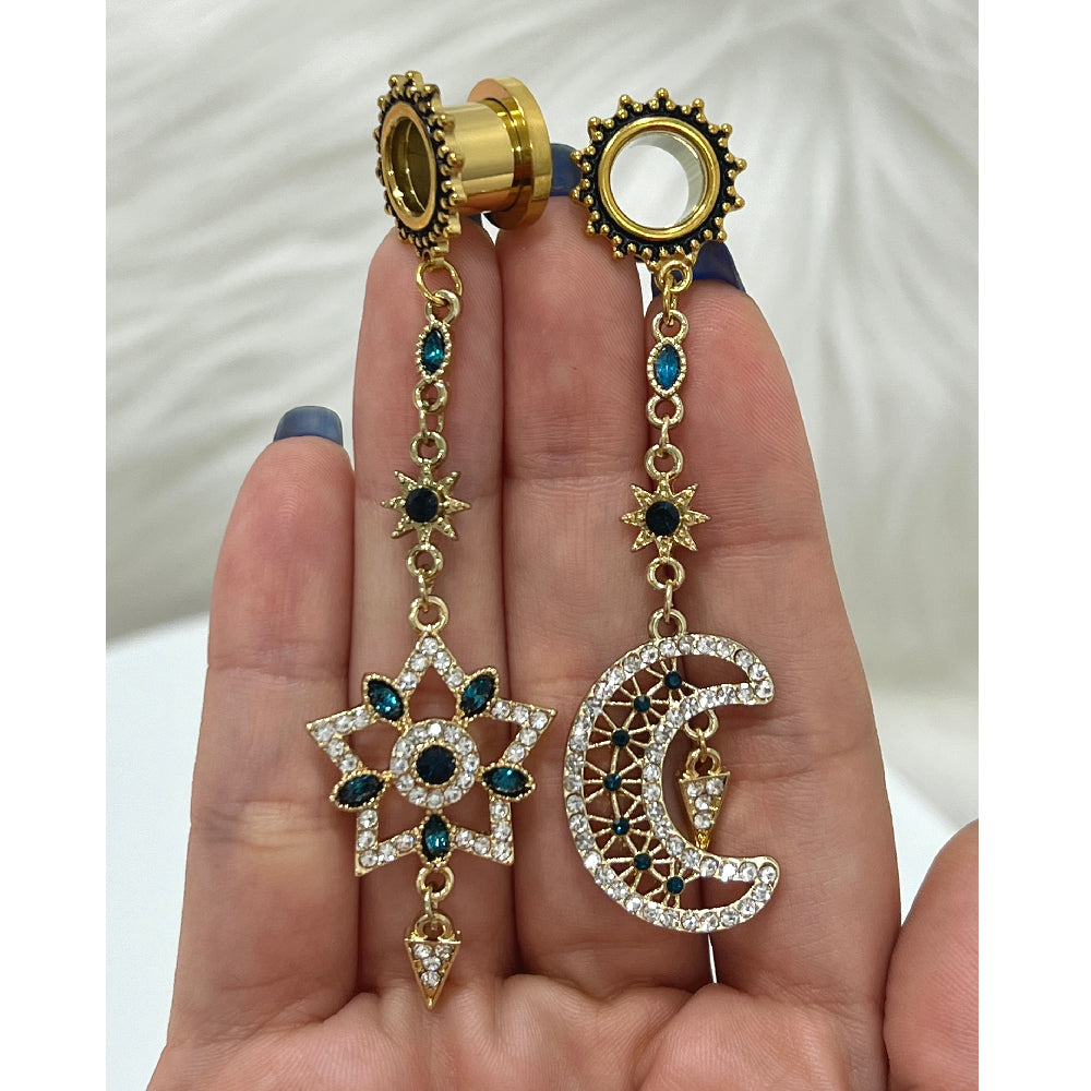 Surgical Steel 2 to 1 Inch Screw Fit Tunnel with Dangle Star Moon - photo 2