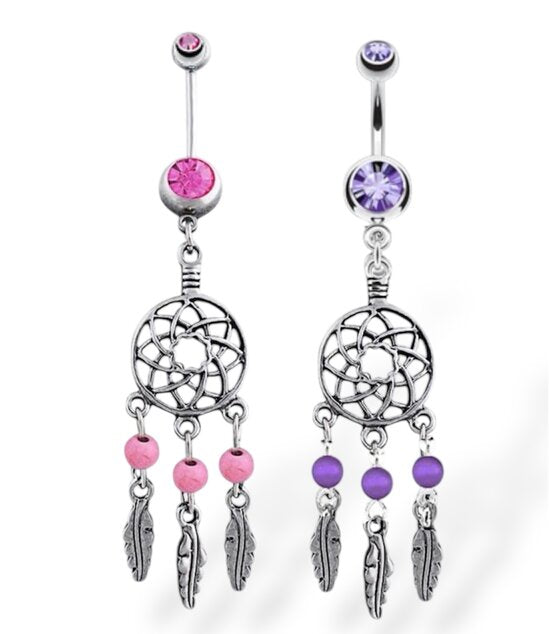 Surgical Steel 14 Gauge Belly Ring with CZ Dangle Dream Catcher
