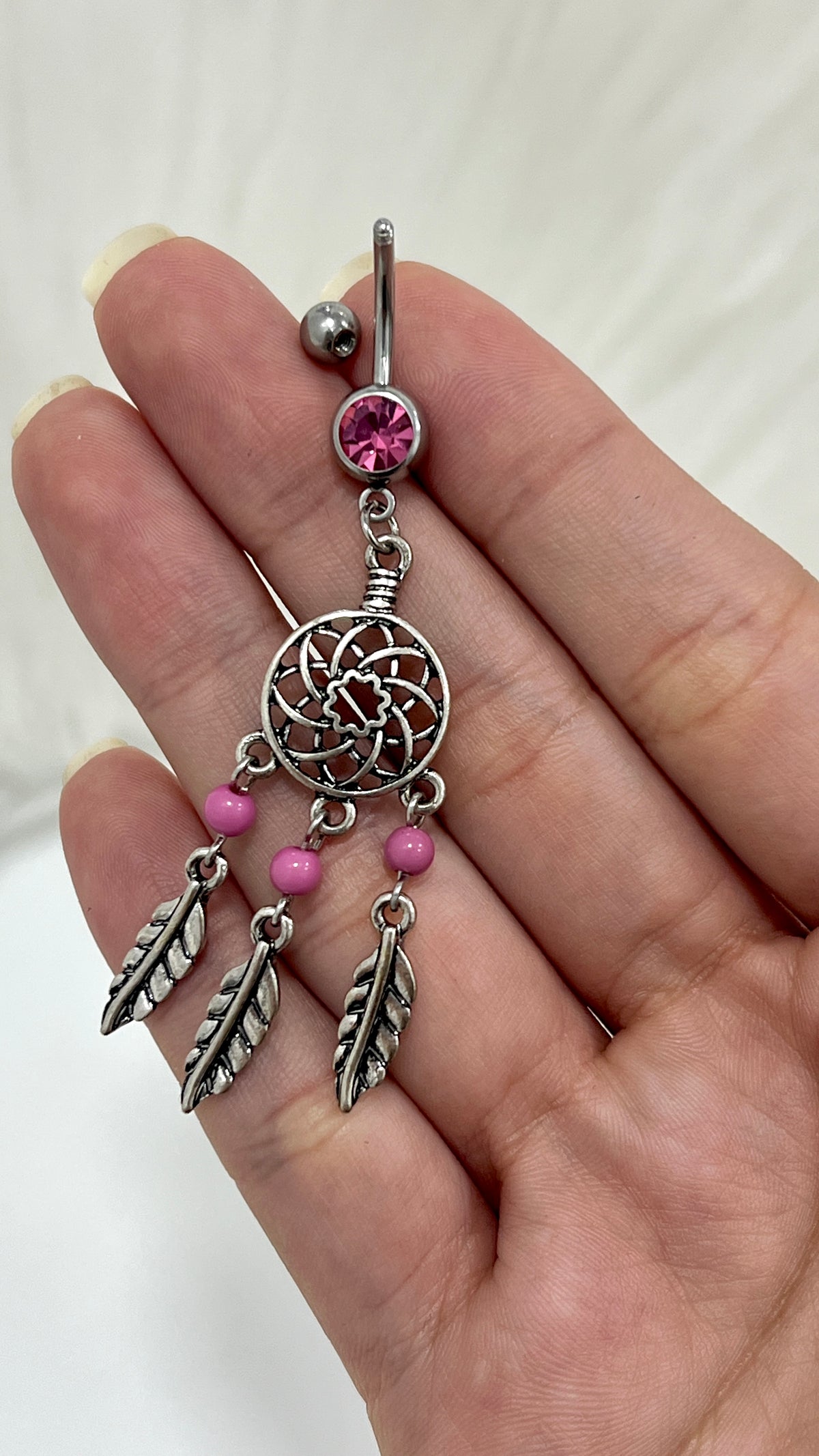 Surgical Steel 14 Gauge Belly Ring with CZ Dangle Dream Catcher - photo 3