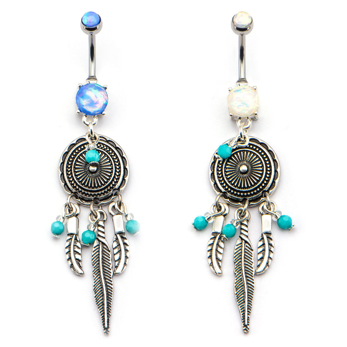 Surgical Steel 14 Gauge Dangle Belly Ring with Dreamcatcher Opal