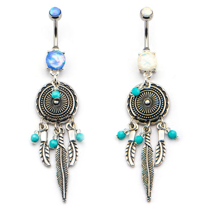 Surgical Steel 14 Gauge Dangle Belly Ring with Dreamcatcher Opal
