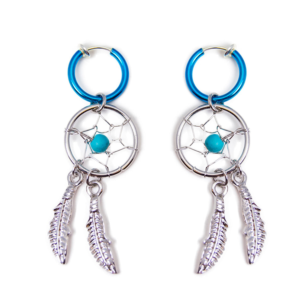 Surgical Steel Spring Loaded Hoop Earrings with Dreamcatcher - Pair