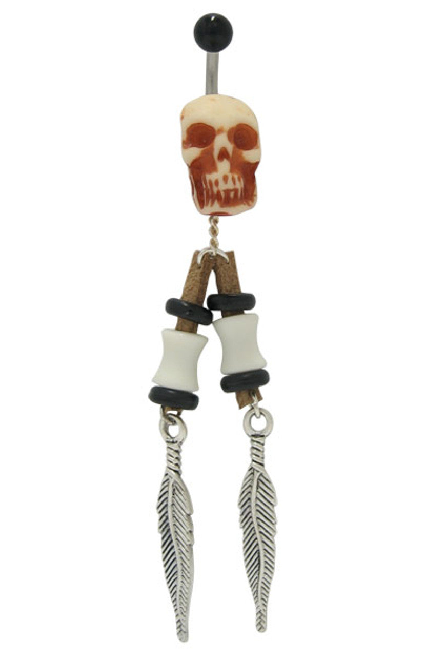 Surgical Steel 14 Gauge Belly Ring with Dangle Feather Skull Head