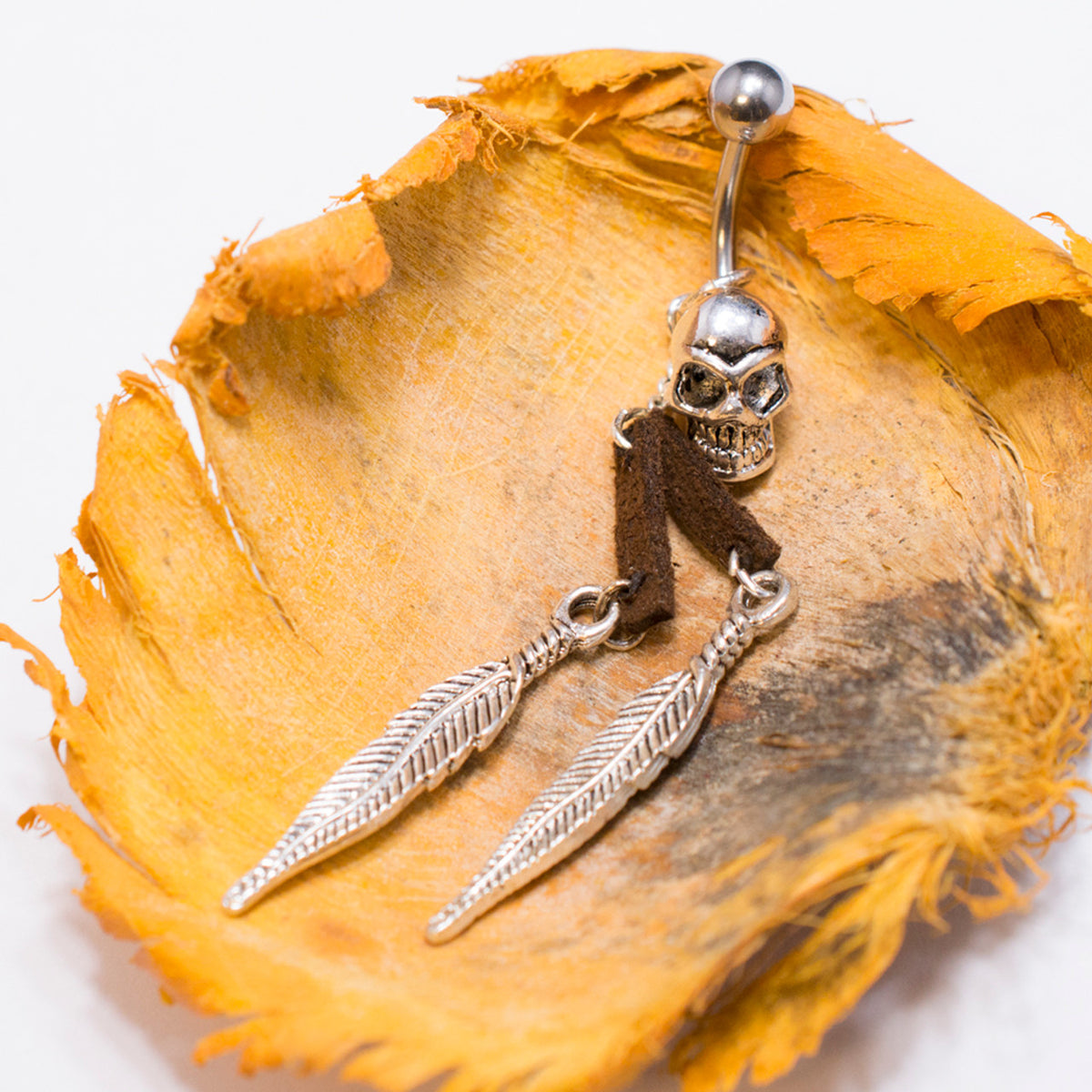 Surgical Steel 14 Gauge Belly Button Ring Dangle Feather Skull Head - photo 2