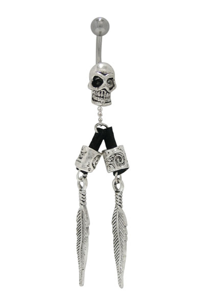 Surgical Steel 14 Gauge Belly Ring CZ Dangle Feather Skull Head