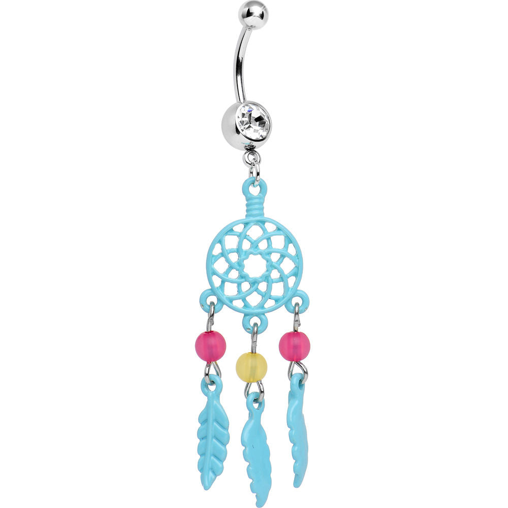 Surgical Steel 14 Gauge Belly Ring with Dream Catcher Blue Feather