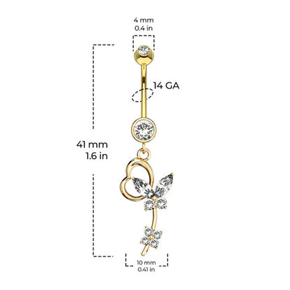 14K Solid Gold 14 Gauge Belly Ring with Flower Crystal CZ Butterfly - photo 3