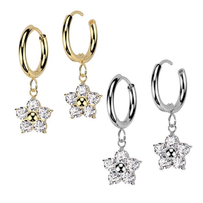 Surgical Steel Hinged Hoop 18G 10mm with CZ Flower Dangle - Pair