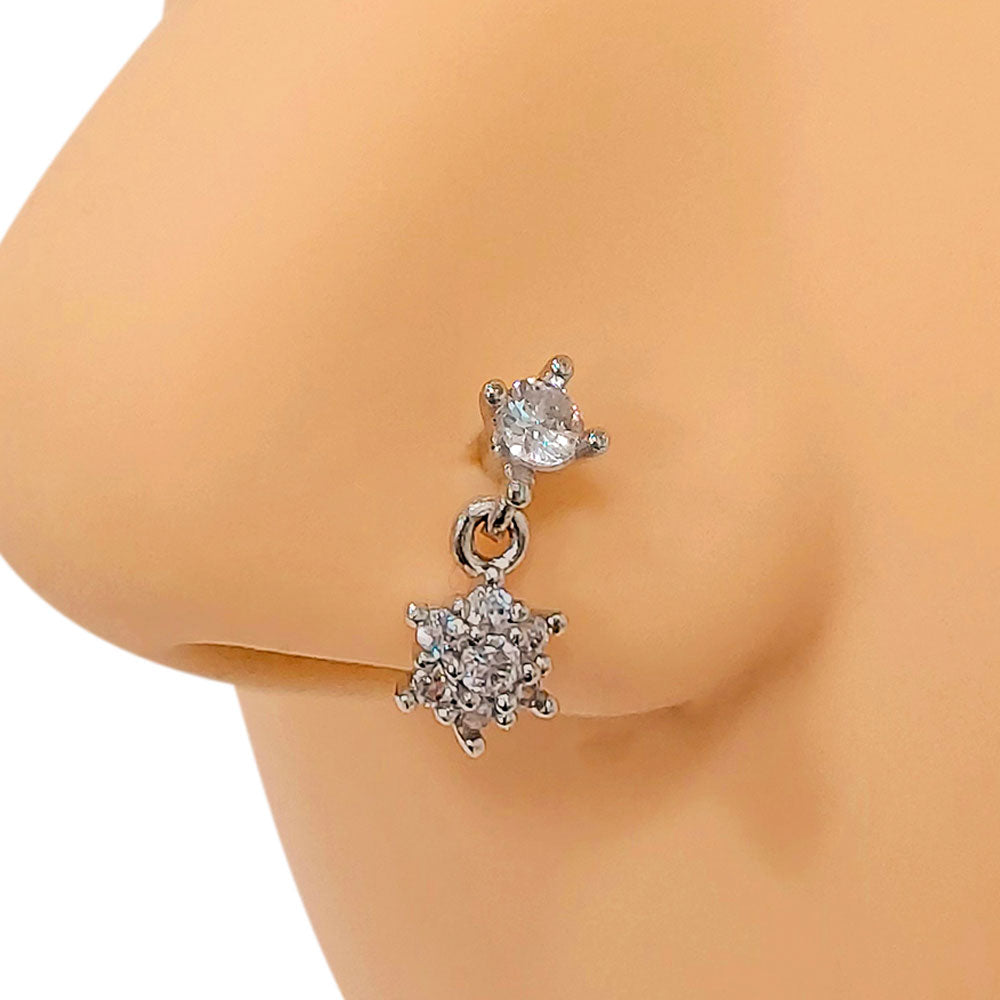 Surgical Steel L-Shaped Nose Stud 20G 6mm with Dangle Flower CZ